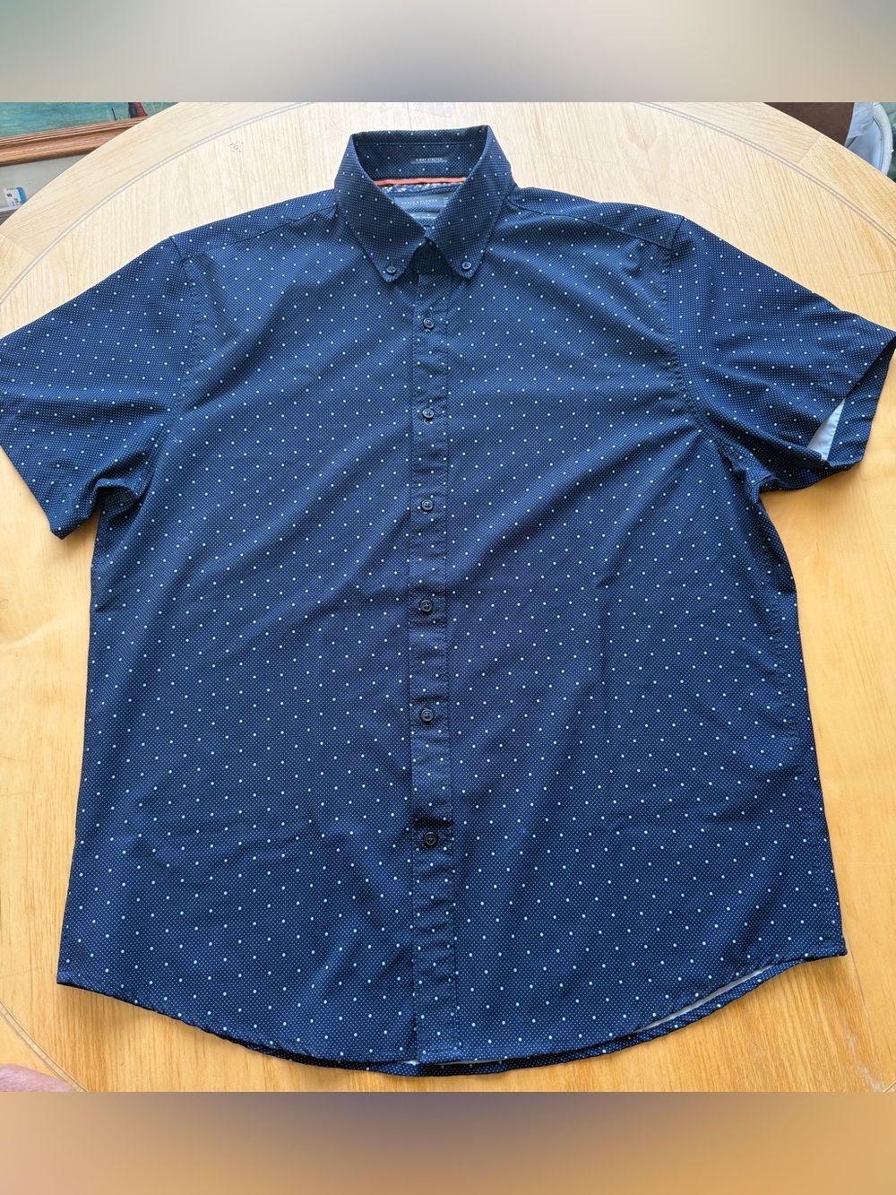 Denim & Flower Ricky Singh Button Down Shirt Large 4-Way Stretch Navy Polka Dot